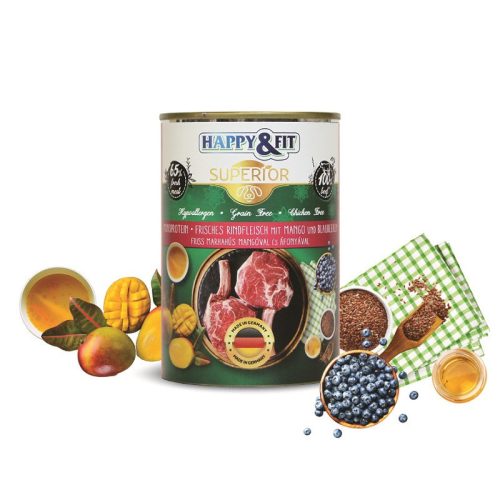 Happy&Fit Superior Dog Konzerv Friss Marhahús Mangóval, Áfonyával 400G