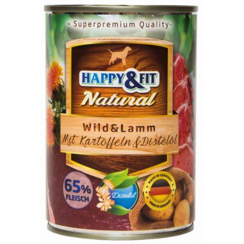 Happy&Fit Natural Dog Konzerv Vadhús&Bárány Burgonyával&Sáfrányolajjal 400G