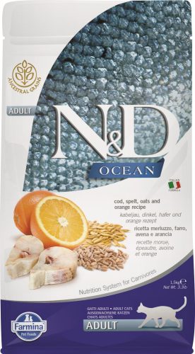 N&D Cat Ocean Tőkehal, Tönköly, Zab&Narancs Adult 1,5Kg