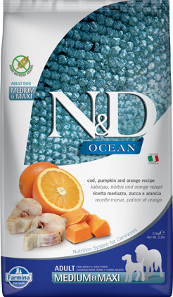 N&D Dog Ocean Tőkehal, Sütőtök&Narancs Adult Medium/Maxi 2,5Kg