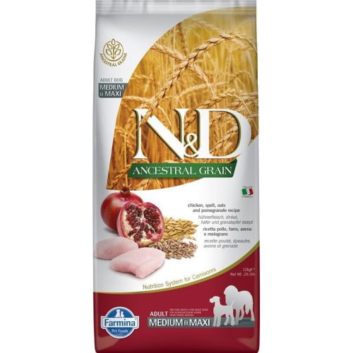 N&D Dog Ancestral Grain Csirke, Tönköly, Zab&Gránátalma Adult Medium&Maxi 12Kg