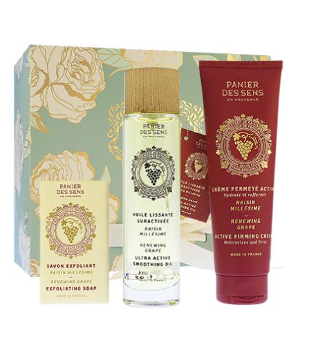 Panier Des Sens Renewing Grape ajándék szett exfoliační mýdlo 150 g + suchý tělový olej 100 ml + zpevňující tělový krém 140 ml