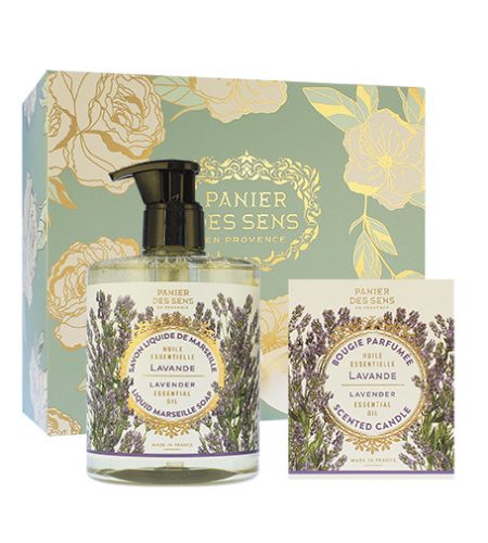 Panier Des Sens Relaxing Lavender ajándék szett tekuté mýdlo 500 ml + vonná svíčka 180 g