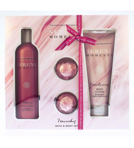 The Indulgent Bathing Co. Serene Moments Nourishing Bath & Body Set ajándék szett fürdőhab 300 ml + testápoló 200 ml + bomba do koupele 2 x 30 g