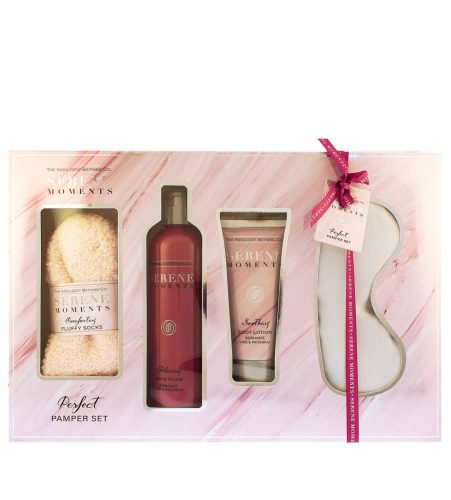 The Indulgent Bathing Co. Serene Moments Perfect Pamper Set ajándék szett fürdőhab 300 ml + krém na nohy 100 ml + éjjeli maszk + ponožky